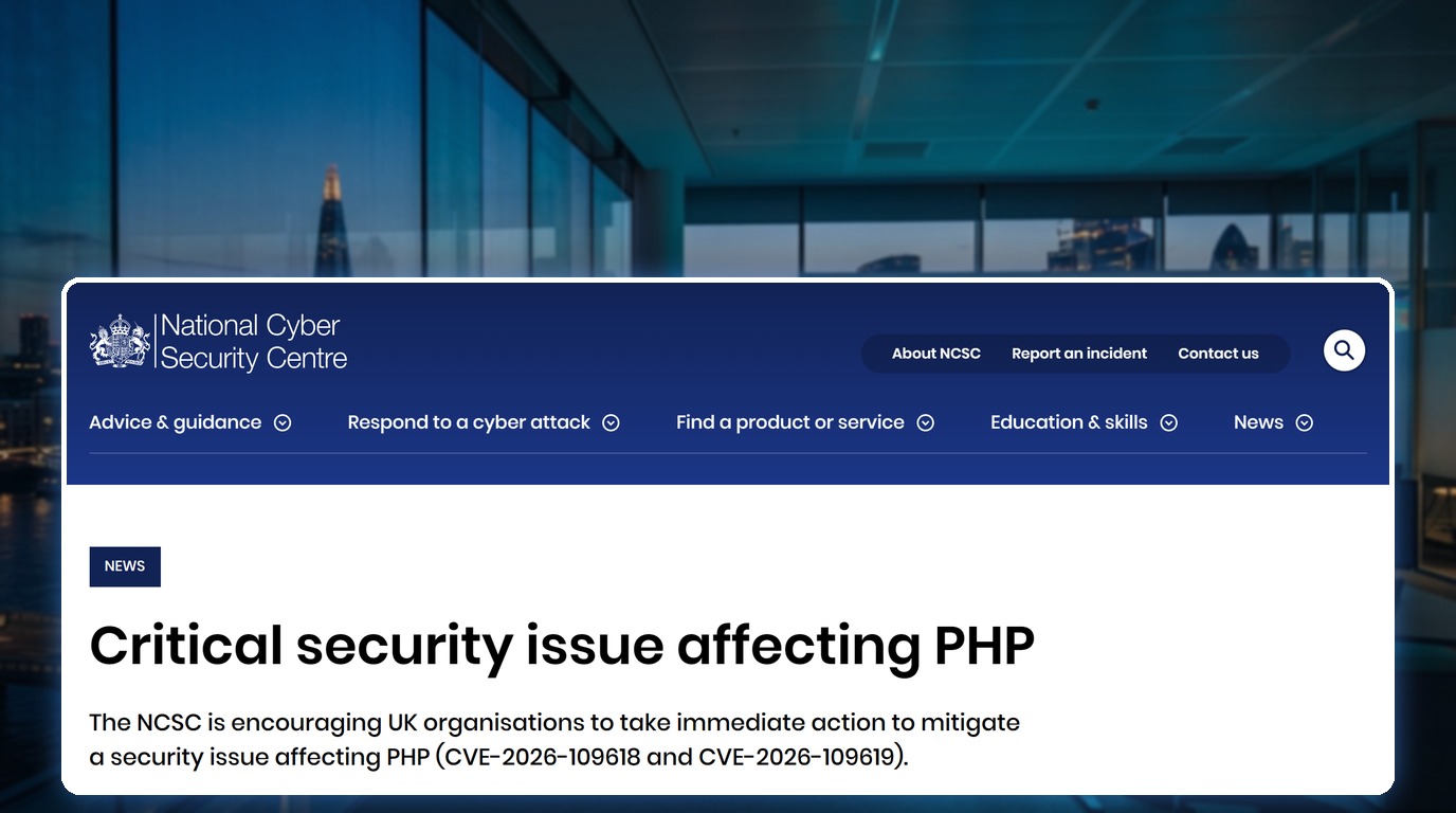 The NCSC alert "Critical security issue affecting PHP", 21 October 2026, over the London skyline